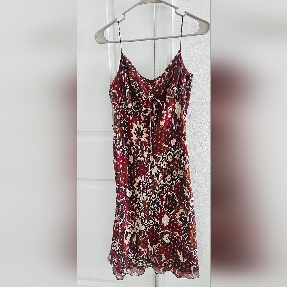 Y2K Ann Taylor Loft Burgundy Floral Silk Blend Gold Metallic Midi Slip dress 6P